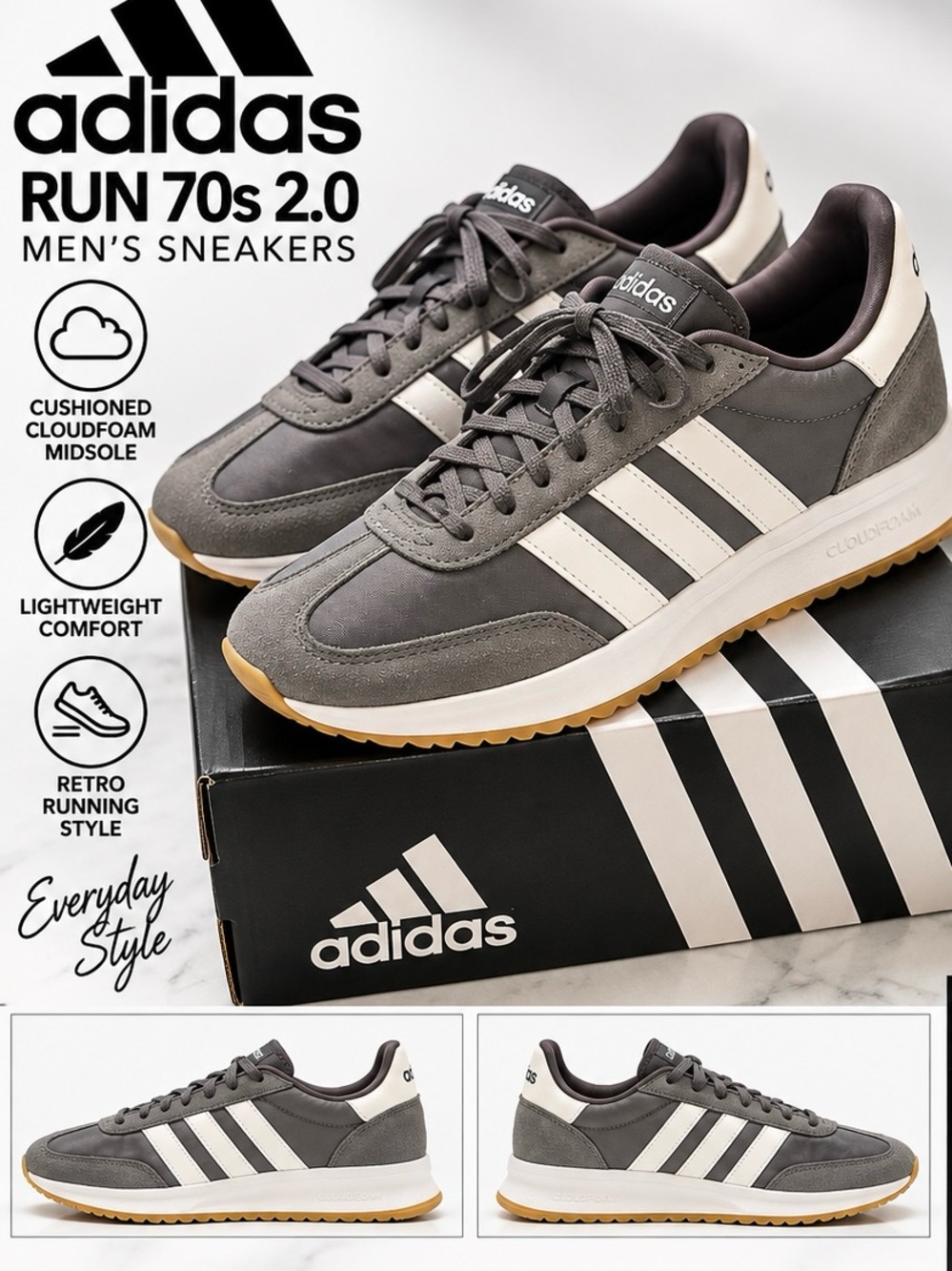 adidas Run 70s 2.0 Sneakers - Gray & White with Gum Sole